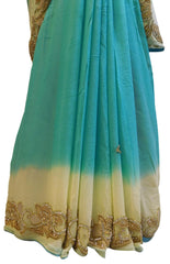 Turquoise & Cream Designer Georgette (Viscos) Hand Embroidery Beads Cutdana Thread Stone Work Saree Sari