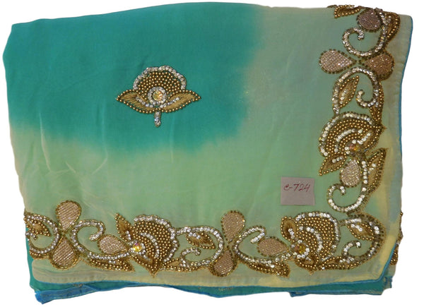 Turquoise & Cream Designer Georgette (Viscos) Hand Embroidery Beads Cutdana Thread Stone Work Saree Sari