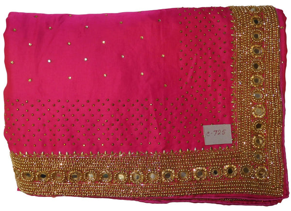 Pink Designer Silk Hand Embroidery Beads Cutdana Mirror Zari Stone Work Saree Sari