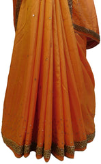 Peach Designer Silk Hand Embroidery Beads Stone Work Saree Sari