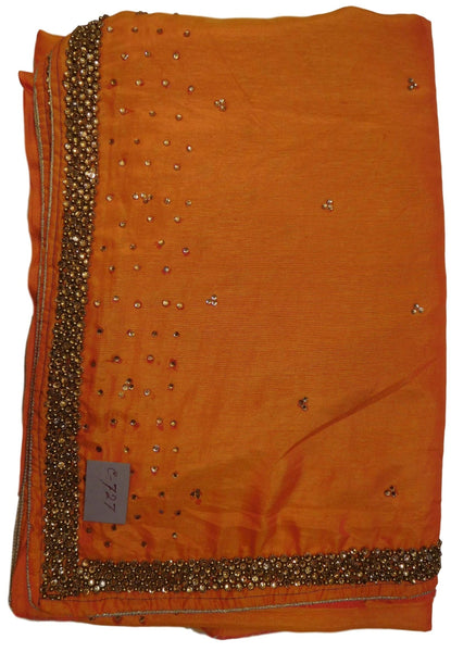 Peach Designer Silk Hand Embroidery Beads Stone Work Saree Sari