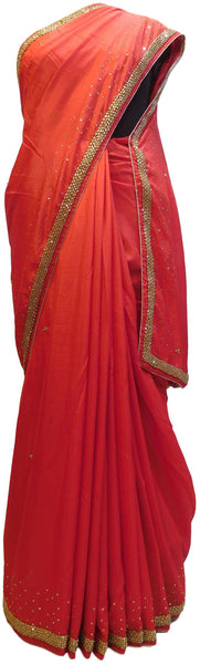Red Designer Silk Hand Embroidery Beads Stone Work Saree Sari