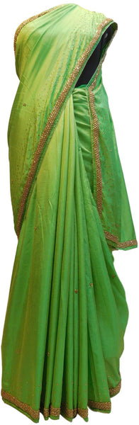 Green Designer Silk Hand Embroidery Beads Stone Work Saree Sari