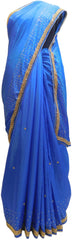 Blue Designer Silk Hand Embroidery Beads Stone Work Saree Sari