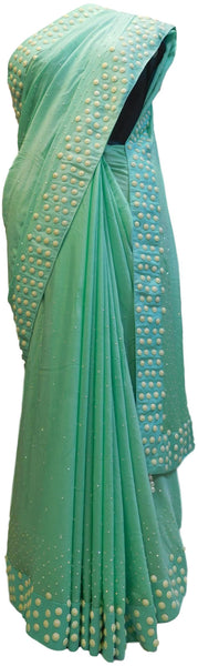Turquoise Designer Georgette (Viscos) Hand Embroidery Beads Stone Work Saree Sari