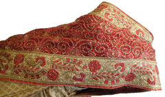 Red & Cream Designer Silk & Net Hand Embroidery Zari Bullion Thread Cutdana Beads Stone Work Bridal Wedding Saree Sari