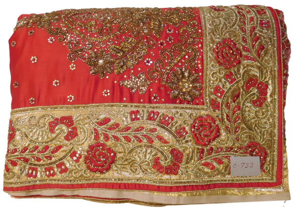 Red & Cream Designer Silk & Net Hand Embroidery Zari Bullion Thread Cutdana Beads Stone Work Bridal Wedding Saree Sari