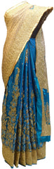 Blue & Cream Designer Silk Hand Embroidery Zari Bullion Thread Cutdana Beads Stone Work Bridal Wedding Saree Sari