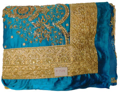 Blue & Cream Designer Silk Hand Embroidery Zari Bullion Thread Cutdana Beads Stone Work Bridal Wedding Saree Sari