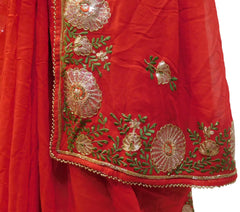 Red Designer Georgette (Viscos) Hand Embroidery Thread Sequence Zari Cutdana Pearl Work Wedding Bridal Saree Sari