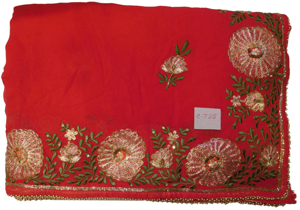 Red Designer Georgette (Viscos) Hand Embroidery Thread Sequence Zari Cutdana Pearl Work Wedding Bridal Saree Sari