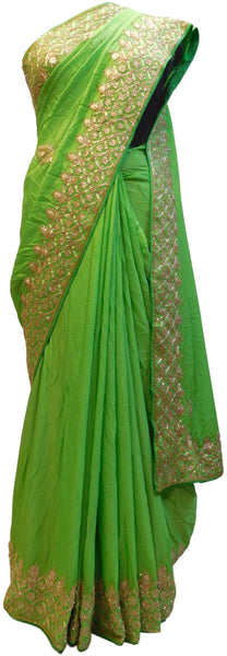 Green Designer Georgette (Viscos) Hand Embroidery Sequence Zari Cutdana Work Wedding Bridal Saree Sari