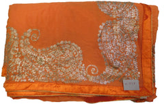 Orange Designer Crepe (Chinon) Hand Embroidery Zari Work Wedding Bridal Saree Sari