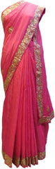 Pink Designer Crepe (Chinon) Hand Embroidery Sequence Zari Cutdana Work Wedding Bridal Saree Sari