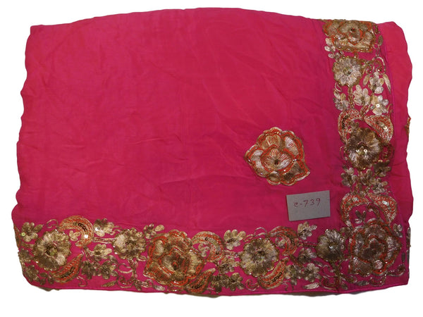 Pink Designer Crepe (Chinon) Hand Embroidery Sequence Zari Cutdana Work Wedding Bridal Saree Sari