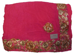 Pink Designer Crepe (Chinon) Hand Embroidery Sequence Zari Cutdana Work Wedding Bridal Saree Sari