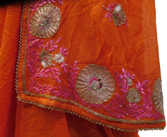 Orange Designer Georgette (Viscos) Hand Embroidery Thread Sequence Zari Cutdana Pearl Work Wedding Bridal Saree Sari