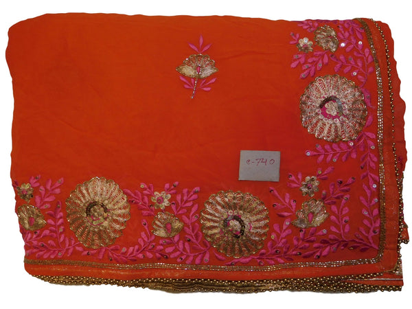 Orange Designer Georgette (Viscos) Hand Embroidery Thread Sequence Zari Cutdana Pearl Work Wedding Bridal Saree Sari