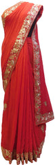 Red Designer Crepe (Chinon) Hand Embroidery Zari Cutdana Work Wedding Bridal Saree Sari