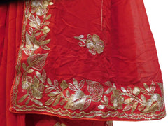 Red Designer Crepe (Chinon) Hand Embroidery Zari Cutdana Work Wedding Bridal Saree Sari