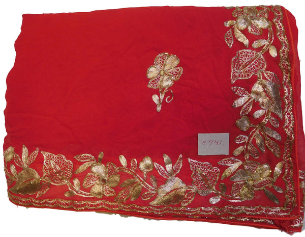Red Designer Crepe (Chinon) Hand Embroidery Zari Cutdana Work Wedding Bridal Saree Sari
