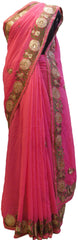 Pink Designer Georgette (Viscos) Hand Embroidery Thread Sequence Zari Cutdana Pearl Work Wedding Bridal Saree Sari