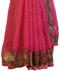 Pink Designer Georgette (Viscos) Hand Embroidery Thread Sequence Zari Cutdana Pearl Work Wedding Bridal Saree Sari