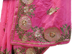 Pink Designer Georgette (Viscos) Hand Embroidery Thread Sequence Zari Cutdana Pearl Work Wedding Bridal Saree Sari