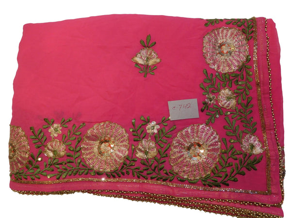 Pink Designer Georgette (Viscos) Hand Embroidery Thread Sequence Zari Cutdana Pearl Work Wedding Bridal Saree Sari