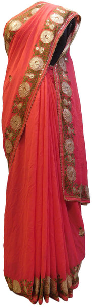 Gajari Designer Georgette (Viscos) Hand Embroidery Thread Sequence Zari Cutdana Pearl Work Wedding Bridal Saree Sari