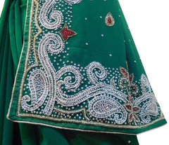 Green Designer Georgette Hand Embroidery Stone Beads Cutdana Work Wedding Bridal Saree Sari