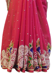 Pink Designer Georgette Hand Embroidery Stone Thread Beads Cutdana Work Wedding Bridal Saree Sari