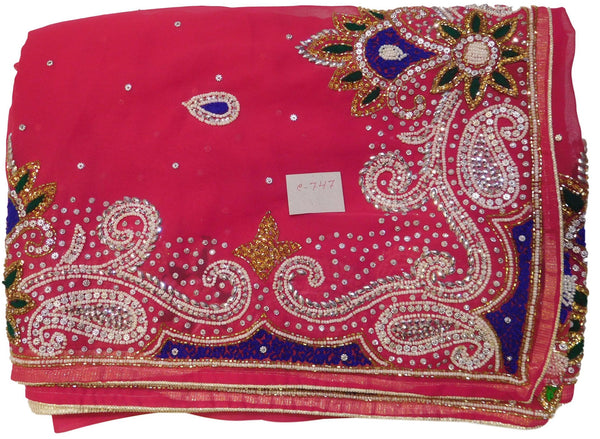 Pink Designer Georgette Hand Embroidery Stone Thread Beads Cutdana Work Wedding Bridal Saree Sari