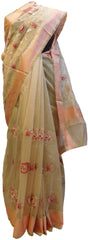 Beige Designer PartyWear Pure Supernet (Cotton) Thread Work Saree Sari With Peach Self Weaved Border