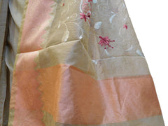 Beige Designer PartyWear Pure Supernet (Cotton) Thread Work Saree Sari With Peach Self Weaved Border
