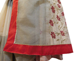 Grey & Cream Designer PartyWear Pure Supernet (Cotton) Thread Work Saree Sari With Red Taping