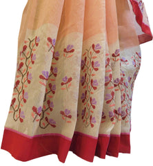Peach & Cream Designer PartyWear Pure Supernet (Cotton) Thread Work Saree Sari With Red Taping