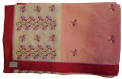 Peach & Cream Designer PartyWear Pure Supernet (Cotton) Thread Work Saree Sari With Red Taping