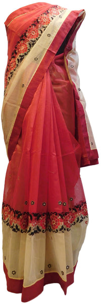 Red & Cream Designer PartyWear Pure Supernet (Cotton) Thread Work Saree Sari With Red Taping
