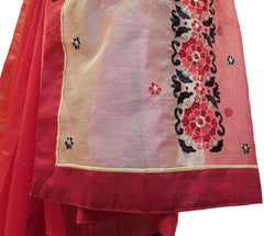 Red & Cream Designer PartyWear Pure Supernet (Cotton) Thread Work Saree Sari With Red Taping
