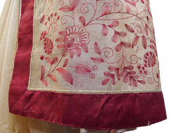 Beige Designer PartyWear Pure Supernet (Cotton) Thread Work Saree Sari With Red Taping