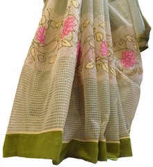 Beige & Green Designer PartyWear Pure Supernet (Cotton) Thread Work Saree Sari With Green Taping