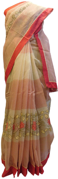 Cream & Red Designer PartyWear Pure Supernet (Cotton) Thread Work Saree Sari With Red Taping