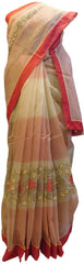 Cream & Red Designer PartyWear Pure Supernet (Cotton) Thread Work Saree Sari With Red Taping