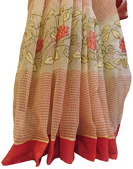 Cream & Red Designer PartyWear Pure Supernet (Cotton) Thread Work Saree Sari With Red Taping