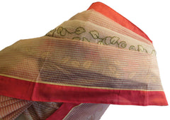 Cream & Red Designer PartyWear Pure Supernet (Cotton) Thread Work Saree Sari With Red Taping