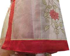 Cream & Red Designer PartyWear Pure Supernet (Cotton) Thread Work Saree Sari With Red Taping