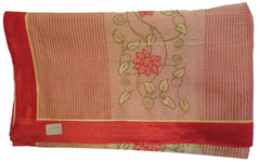 Cream & Red Designer PartyWear Pure Supernet (Cotton) Thread Work Saree Sari With Red Taping