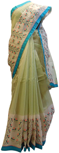 Green & Cream Designer PartyWear Pure Supernet (Cotton) Thread Work Saree Sari With Turquoise Taping
