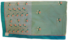Green & Cream Designer PartyWear Pure Supernet (Cotton) Thread Work Saree Sari With Turquoise Taping